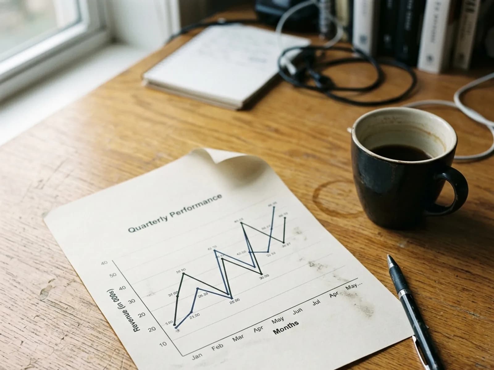 A printed financial chart resting on a dark desk beside a pen.