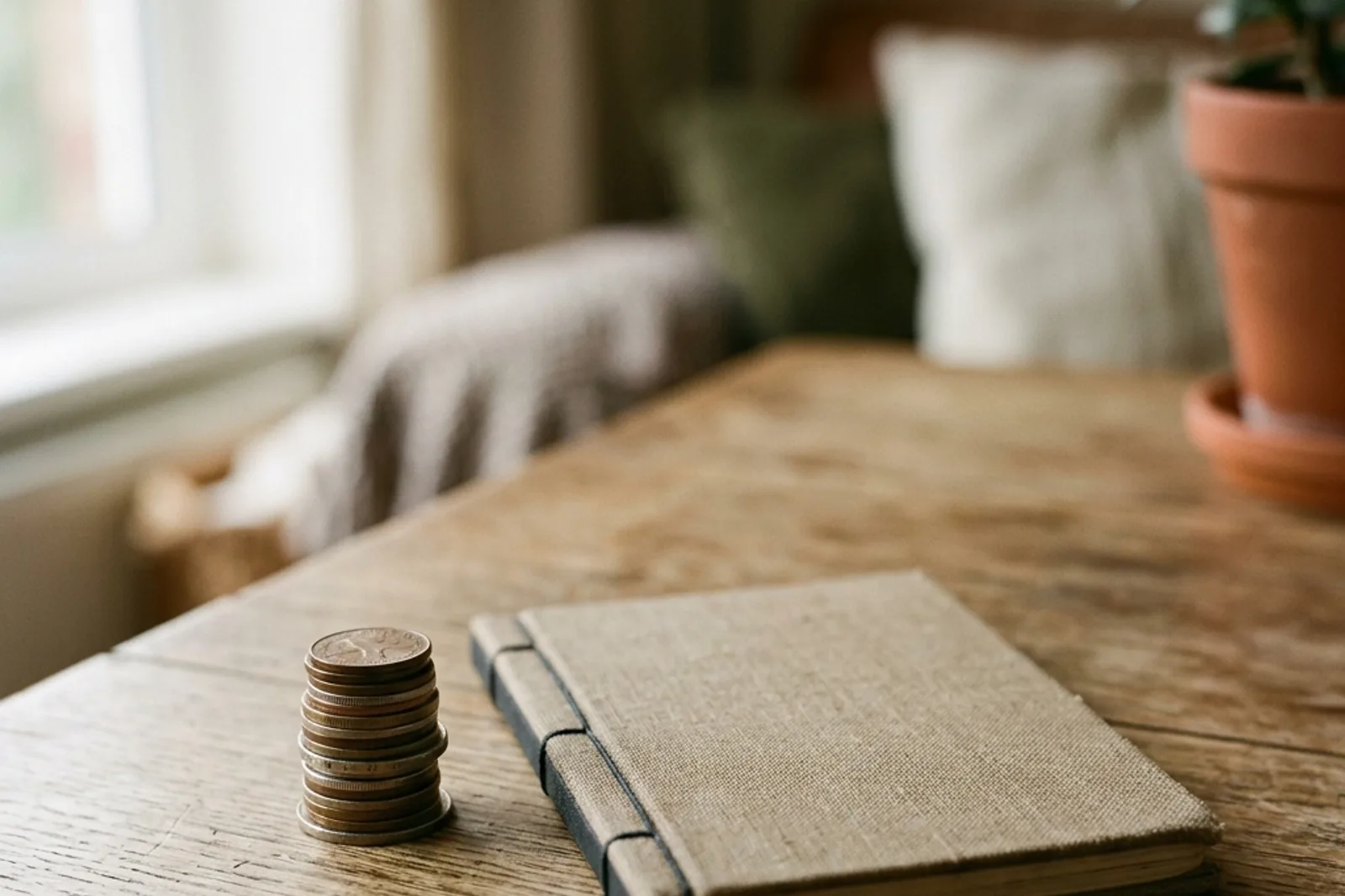 A small stack of coins beside a plain savings passbook on a wooden table in warm daylight.